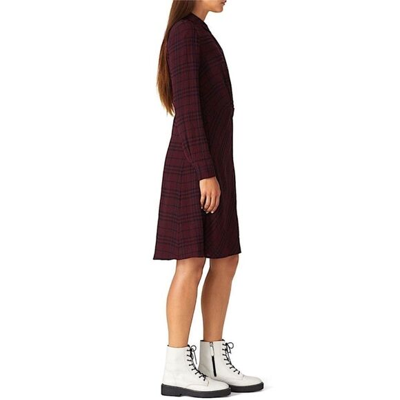 THAKOON COLLECTIVE | Plaid Burgundy & Navy Blue Crepe Shirt Dress Women’s Size 0 - Picture 4 of 14
